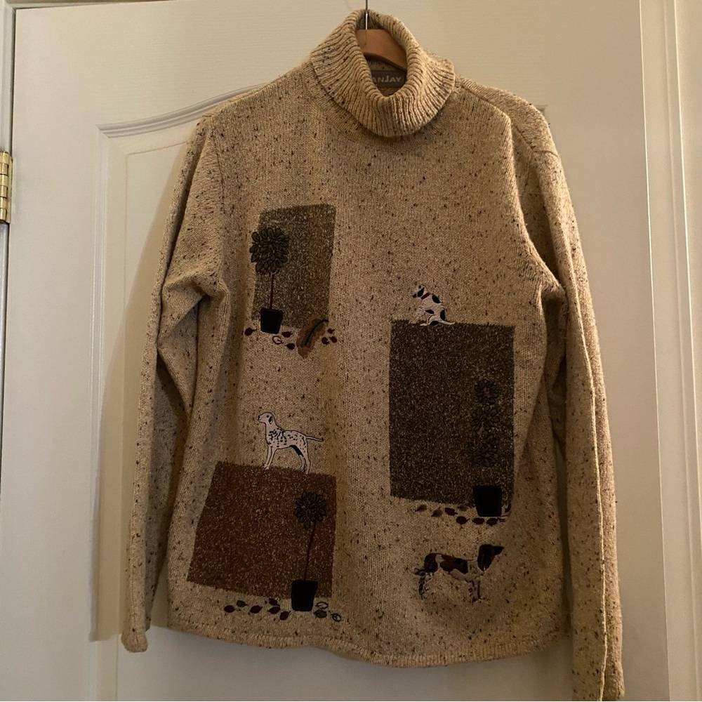 Vintage Dog Theme Sweater Womens S Oversized Turtleneck Neutral Speckled Taiwan